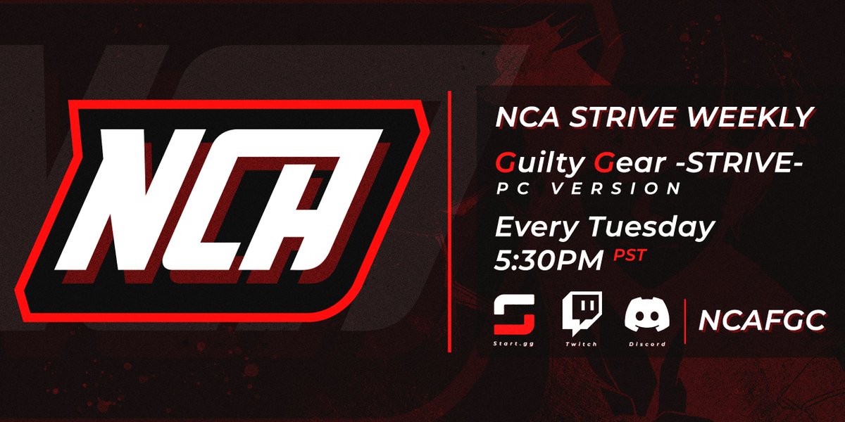 NCADiscord's tweet photo. NCA Strive Weekly #64 returns tomorrow! Check in starts at 5:00pm PST and tournament begins at 5:30pm PST! https://t.co/wI5LBFg3wX to sign up! Check out our Matcherino as well: https://t.co/mwk9qayGid https://t.co/bmMU0wqyoO