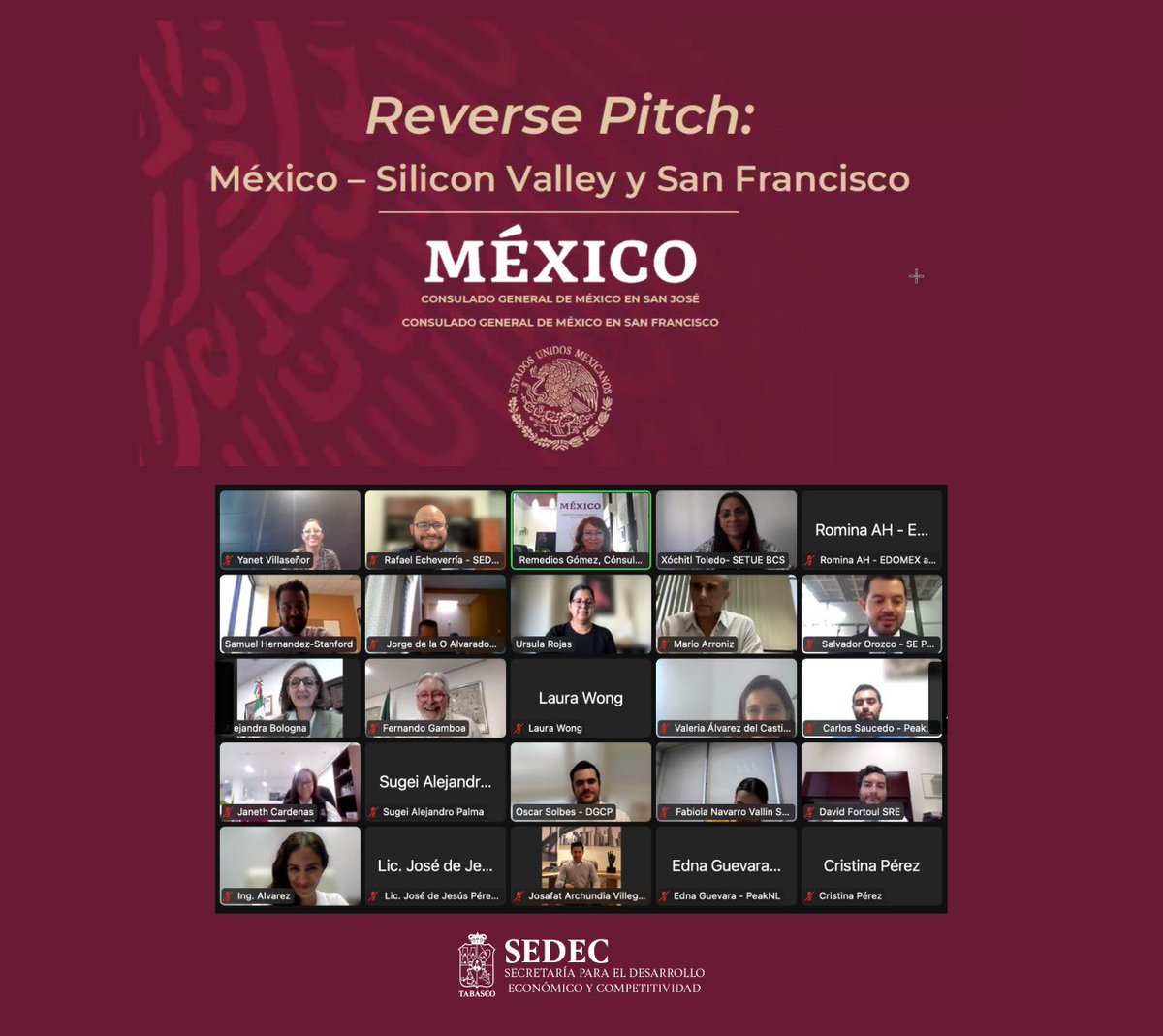 #SEDEC participa reunión con <a href="/SRE_mx/">Relaciones Exteriores</a> donde mediante las cónsules generales y los encargados de asuntos económicos de las  representaciones en San Francisco y San José, California #SiliconValley hacen la presentación de iniciativas para impulsar y vincular a #Startups Tabasqueñas.