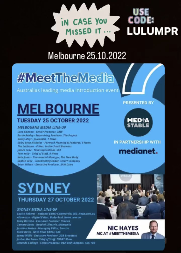 lulumpr's tweet photo. ⚡️#ICYMI Happening this Month⚡️

#MeetTheMedia
Melbourne 25.10.22
Sydney 27.10.22
with our friends ⁦@Media_Stable⁩

💥Be sure to use ⁦@lulumpr⁩ #community promo code: LULUMPR 

👉🏽To book click>https://t.co/WcPjkGYOR7

#Media #Storytelling #Digital
#LULUMPRCollaborate https://t.co/GCxR5ZO0wZ
