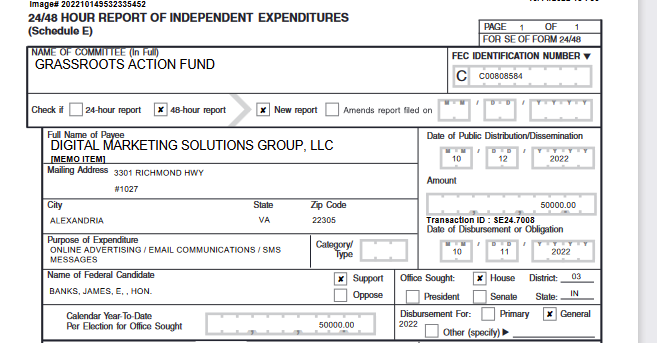 McPhersonHall's tweet photo. Big money pouring into #IN03
Gary @SnyderForIN03 must be causing real concerns for @RepJimBanks as Grassroots Action Fund has just authorized $50,000 expenditure.
File
#HoosierTwitter
#IndianaTwitter
Copy
@SheTalksBlue
@PersistentWoman
@KelleyArble
@MackeyLee55
@dahlingitsme https://t.co/wCZdDWSxom