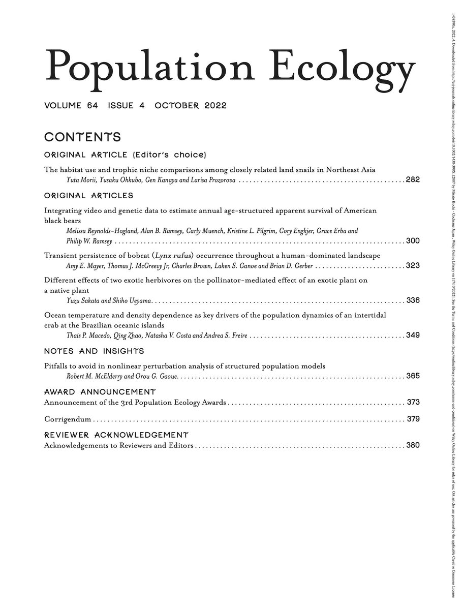 PopulationEcol's tweet photo. Latest issue of Population Ecology (64-4, Oct 2022) is now available online:
https://t.co/PaX2ai1qrl
#populationecology #populationdynamics #populationdistribution #evolutionaryecology #agroecosystem #bioresource
#conservation #pollination #cameratrap #adaptiveradiation #Award https://t.co/hAf9iLDxqT