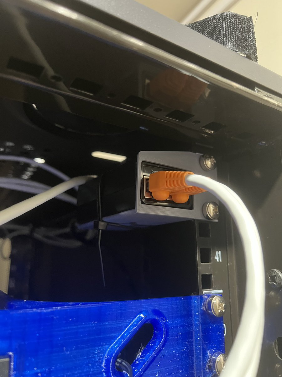 MandicReally's tweet photo. #practical3dprinting I whipped up a design for this @Ubiquiti POE Injector to mount in my server rack. Solidly mounted and close to the switch. No dancing boxes here. https://t.co/JbqkANvgrd
