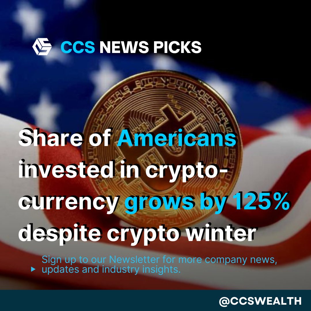 CcsWealth's tweet photo. Share of Americans invested in crypto-currency grows by 125% despite crypto winter.

#wealthcreation #wealthmanagement #Defi
#assetmanagement #financialfreedom https://t.co/tPdFYnFvYR