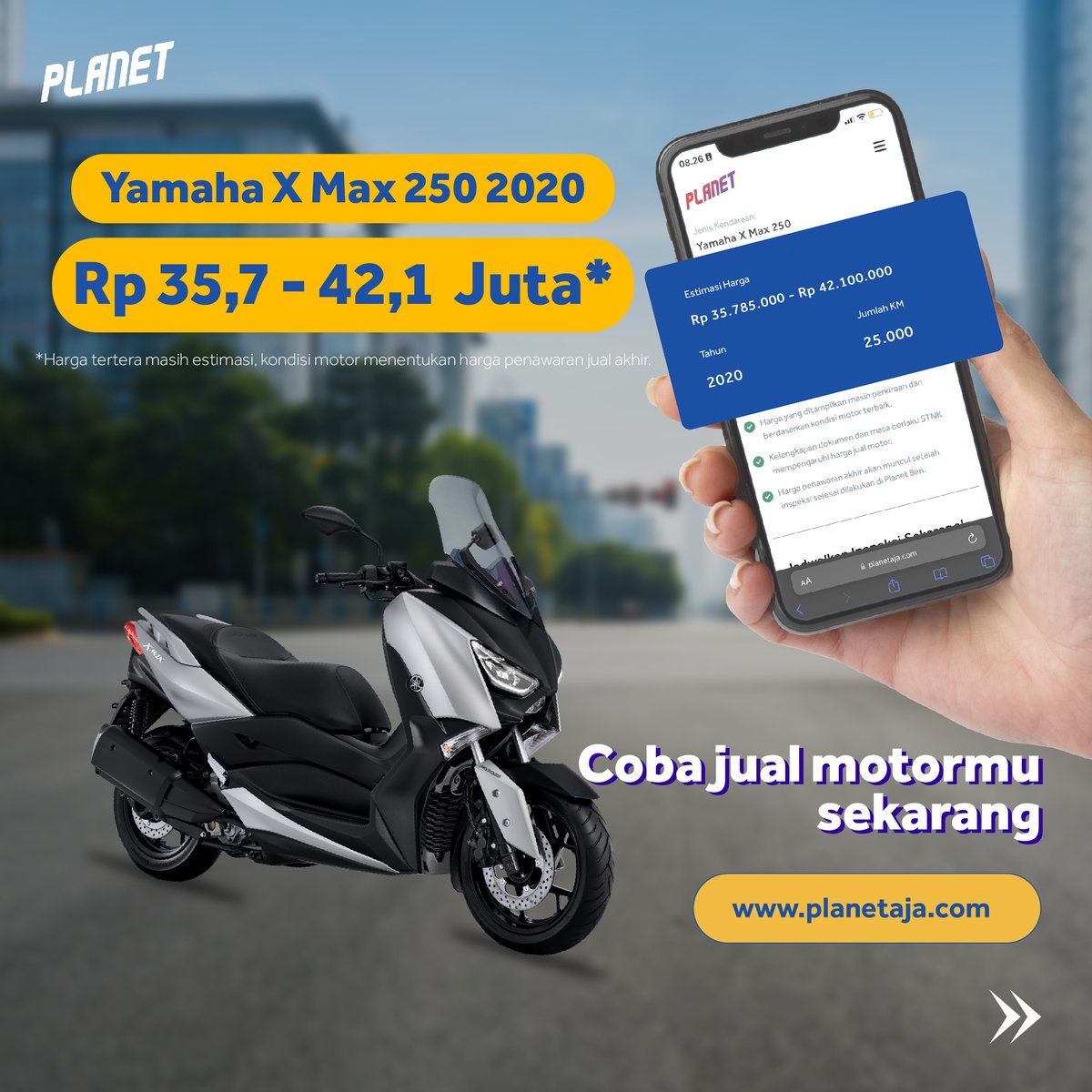 planetmotocom's tweet photo. Eits, harga masih estimasi ya, harga penawaran akhir berdasarkan kondisi motor kamu. 

Biar gak penasaran, yuk langsung cek harganya, lalu booking jadwal inspeksi dan jual motor kamu di https://t.co/GQqQbPP1ob 

#PlanetAja #PlanetBan #1JamLaku https://t.co/os26nrVkgW