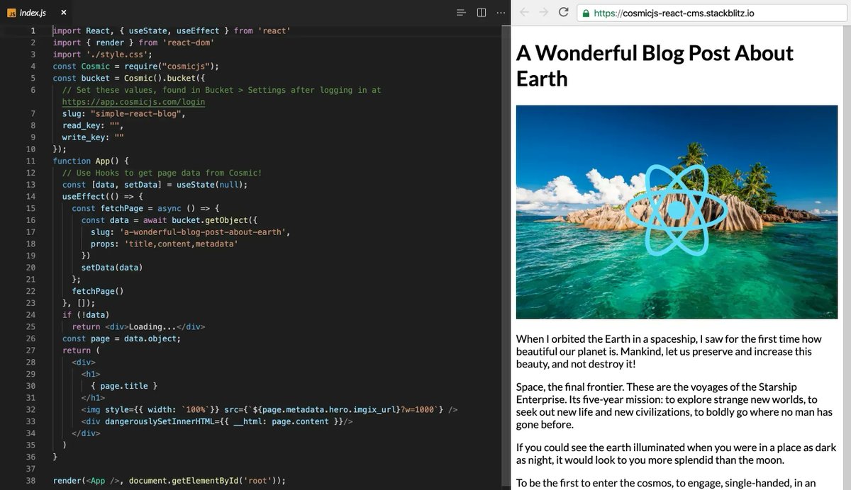 cosmicjs's tweet photo. ✨ Fetch Cosmic content into your React app using hooks ✨
Live code example on @stackblitz 👉 https://t.co/mfJ5yWwF0G
See more examples 👉https://t.co/IqvuKnSI2x
#cosmicjs #serverless #headlesscms #reactjs #javascript #nodejs https://t.co/bDMxKeWyHw