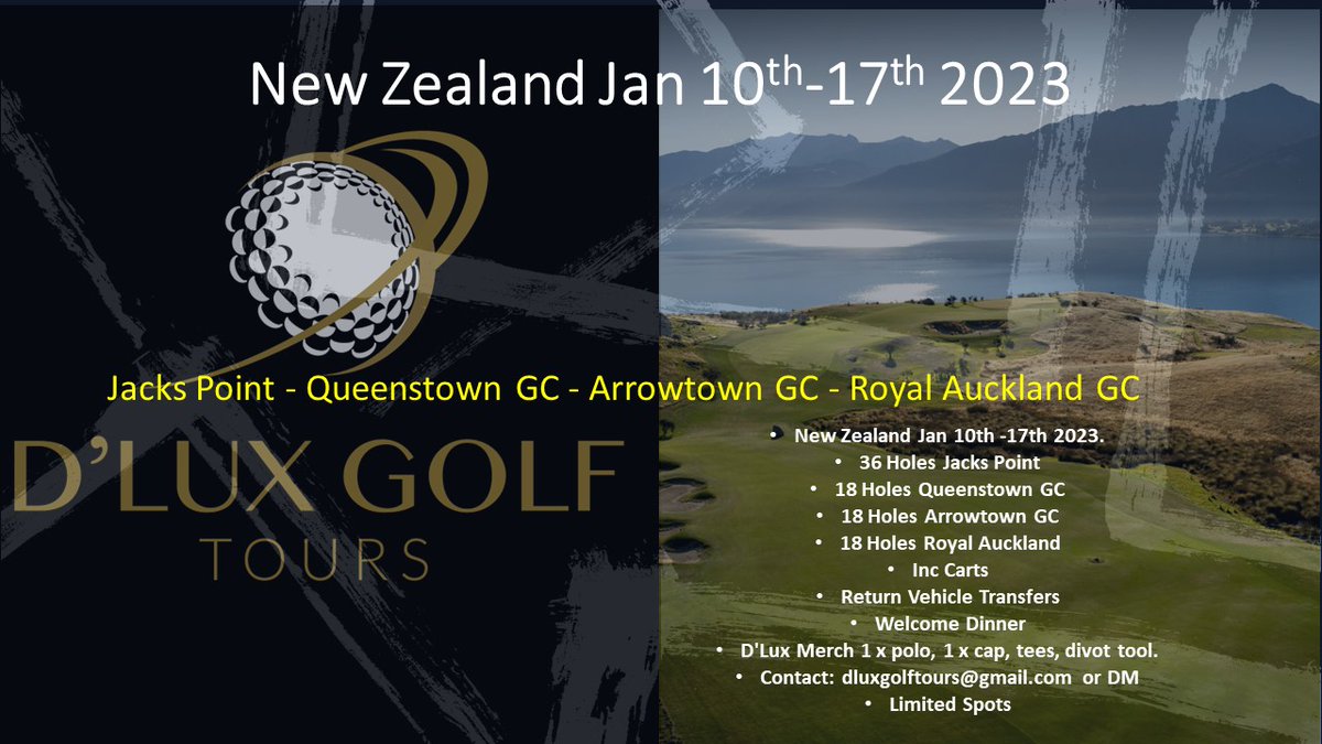 dluxgolftours's tweet photo. Contact dluxgolftours@gmail.com or DM
For this great opportunity.
New Zealand 7 nights - 5 rounds of golf - -Welcome dinner - Carts - D'Lux merch - Vehicle transfers.
Contact
#golfnz #golflife #travel #Jackspoint #Queenstowngc #dluxgolf https://t.co/CMNeAYtZBZ