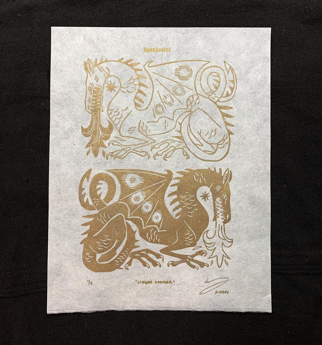 Houndsaint's tweet photo. Linger Longer (gold on mulberry paper) https://t.co/qDu6H0ckRO