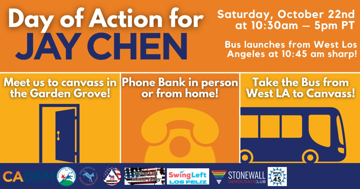 DemsOfNorthOC's tweet photo. 🚨THIS SATURDAY 🚨

Join us to canvass for Jay Chen in Garden Grove with @CA_Dem!

Republicans only need 5 seats to reverse the progress we’ve made in the last 2 years. Can you join us to stop them in our own back yard? This seat is competitive! 

sign up: https://t.co/J8HQq22xIa https://t.co/bMRJe9hp03