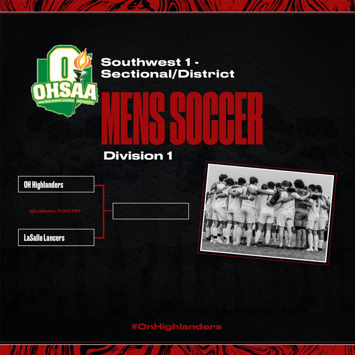 OakHillsMSoccer's tweet photo. Itโs official. We will play the LaSalle Lancers this Thursday, 10/20, in the playoffs. We hope to see everyone there! #Family #OnHighlanders #LookingForRedemption https://t.co/T05w21WCTL