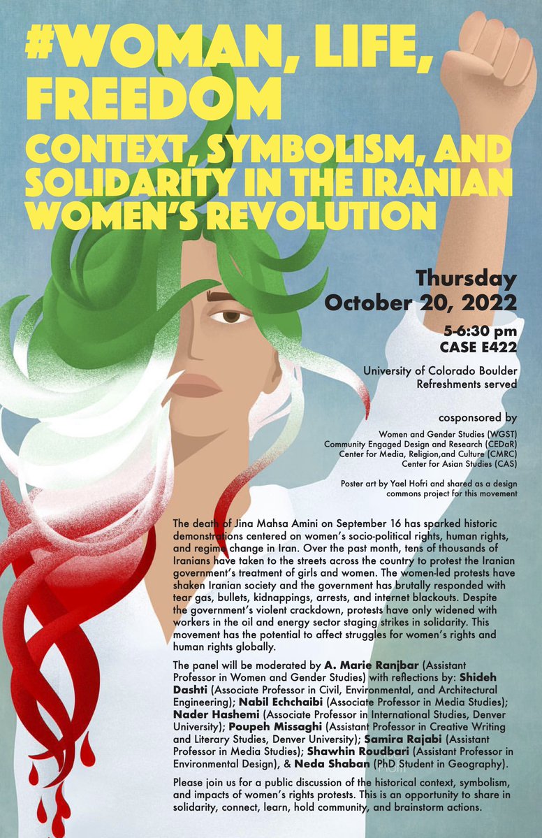 #WomenLifeFreedom panel on #IranRevolution2022 at CASE E422, 10.20, 5pm <a href="/CUBoulder/">CU Boulder 🦬</a> <a href="/CUBoulderODECE/">CU Boulder ODECE</a>  <a href="/cedarcenter_/">cedar</a> <a href="/CUBoulderENVD/">CU Boulder ENVD</a> <a href="/CUBoulderCMCI/">cubouldercmci</a> #MahsaAmini (poster background art by Yael Hofri)
