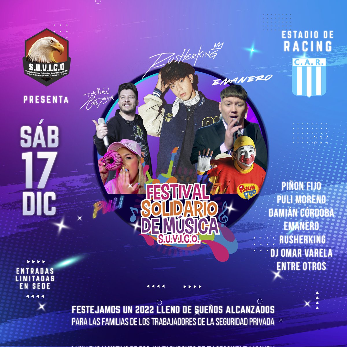 Preparate, S.U.V.I.C.O. vuelve a presentar otro Mega Evento; sábado 17 de Diciembre - Festival Solidario de Música S.U.V.I.C.O.

Esta vez al aire libre en el Estadio de Racing, festejamos los 98 años del Club, y fin de año con la ejecución de más de 30 obras