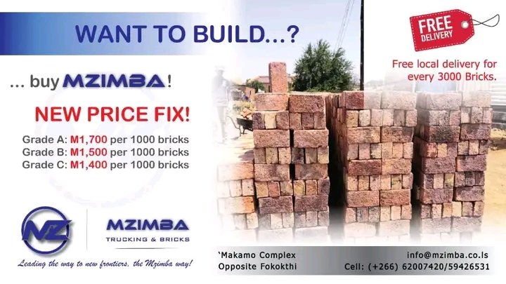 BusinessWorldLS's tweet image. U hloka setene sa mangopeng? 
Ikopanye le Mzimba Trucking and Bricks   ba fana ka setene sa boleng, ba ufa le transport mahala. 
Email: info@mzimba.co.ls
Phone : +26659597420

#basothopele
#fightingpoverty