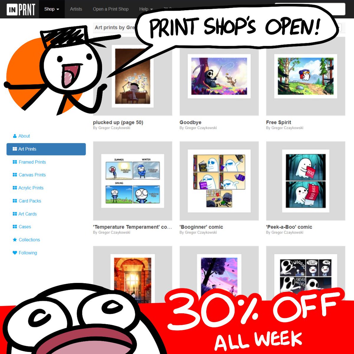 HEY! The new print shop's open! I'm also matching INPRNT's current 15% discount with ANOTHER 15%, to give you a whoppin 30% OFF THIS WEEK! ✨ inprnt.com/gallery/loadin…