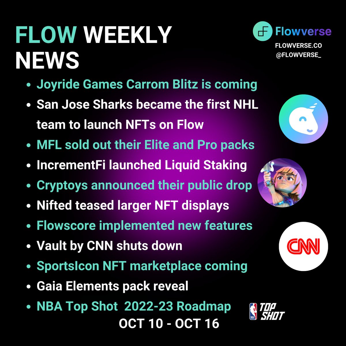 📰 Weekly Recap for @flow_blockchain Oct 10 - Oct 16 ✅ @onjoyride launching new game ✅ @SanJoseSharks first NHL team on Flow ✅ @playMFL sell out Elite & Pro packs ✅ @incrementfi liquid staking ✅ @Cryptoys drop announcement ✅ @nifted_ tease larger displays Continued 🧵