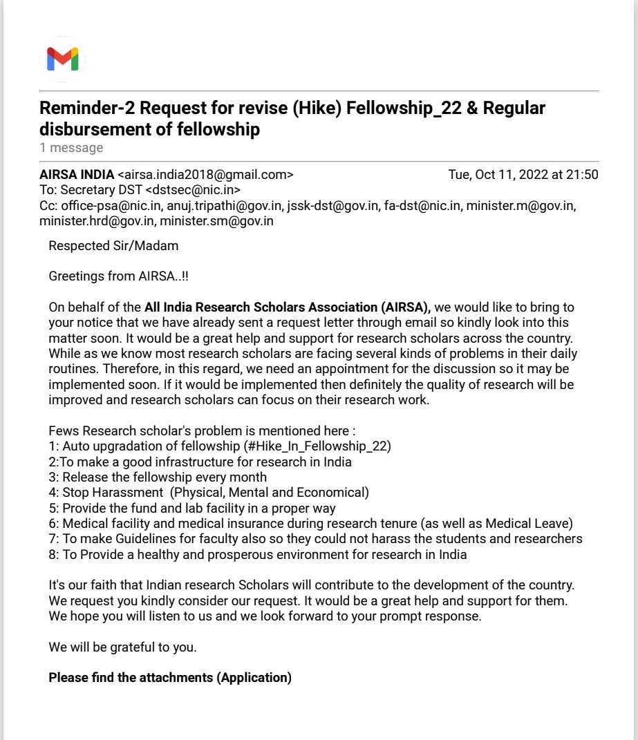AIRSAIndia's tweet photo. #Hike_In_Fellowship_22 
It's a very shameful act for us, after several request to DST Secretary @srivaric in deep sleep,We have to move to DST office soon @DrJitendraSingh @PMOIndia @Xpress_edex @SanjayAzadSln @ShashiTharoor @IndiaDST @TheQuint @thewire_in @ttindia @newslaundry https://t.co/qbO0G8EgLr