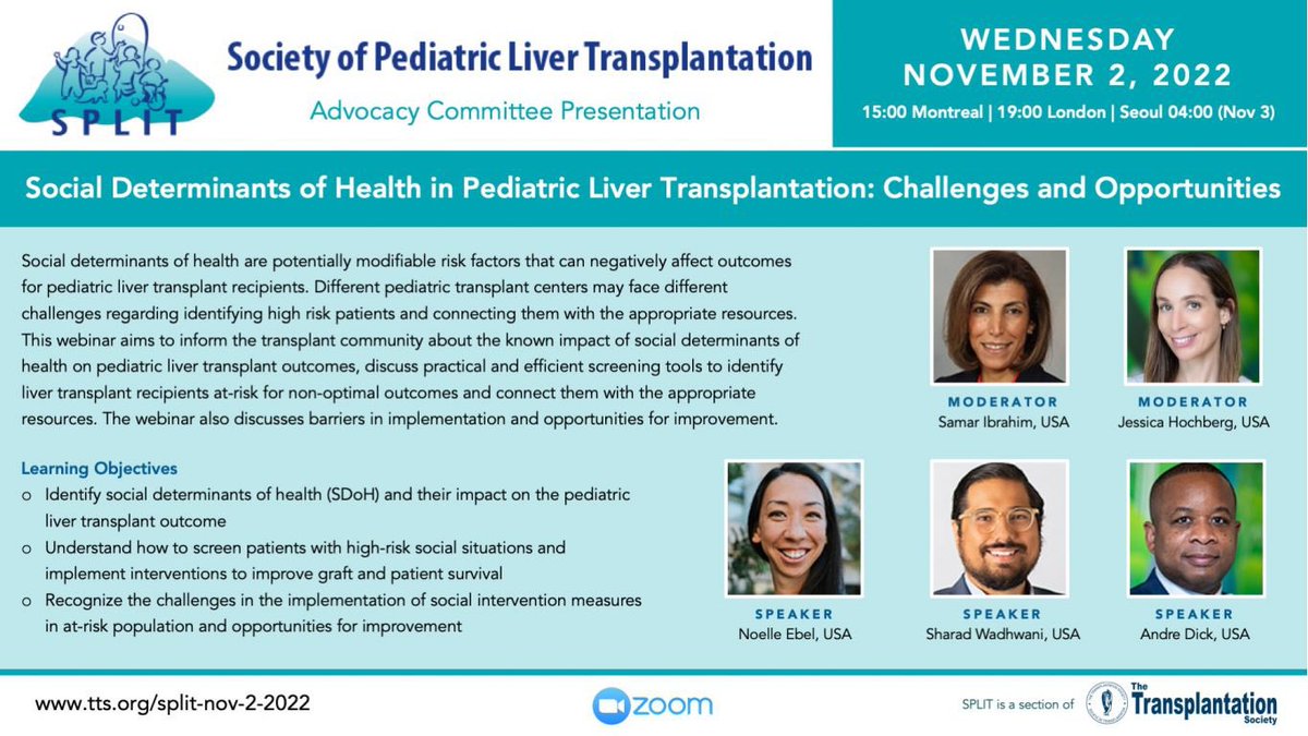 Join us to discuss the impact of social determinants of health on pediatric liver transplantation 
📍register here: tts.org/split-nov-2-20…
<a href="/SPLIT_TTS/">Society of Pediatric Liver Transplantation (SPLIT)</a> @SPfep <a href="/SamarHIbrahimMD/">Samar Ibrahim</a> <a href="/NoelleEbelMD/">Noelle Ebel</a> <a href="/DoctorSharad/">Sharad Wadhwani, MD MPH</a> <a href="/EPeritoMD/">Emily Perito</a> @AmberHildreth13 <a href="/EvelynHsuMD/">Evelyn Hsu MD</a> <a href="/IptaPedsTx/">International Pediatric Transplant Association</a> <a href="/AASLDtweets/">AASLD</a> <a href="/NASPGHAN/">NASPGHAN</a>