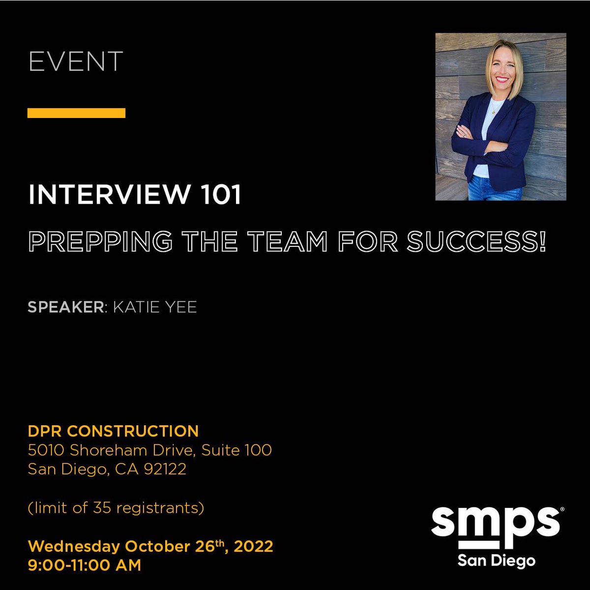 SMPS_SD's tweet image. Join us for an exciting learning event where owner of Connect Strategic Consulting, Katie Yee discusses best practices for preparing for new business interviews!