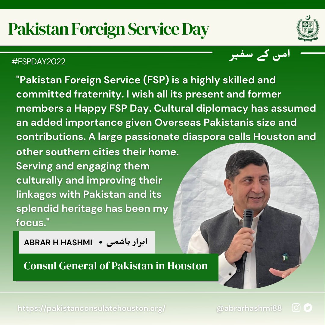 #FSPDay2022 Happy Pakistan Foreign Service Day. <a href="/Pakinhouston/">Pakistan Consulate General Houston</a> <a href="/PakinUSA/">Pakistan Embassy US</a> <a href="/PkPublicDiplo/">Public Diplomacy Pakistan</a> <a href="/PakAmFriendsATL/">Pakistani American Friends of Atlanta - PAFA</a>