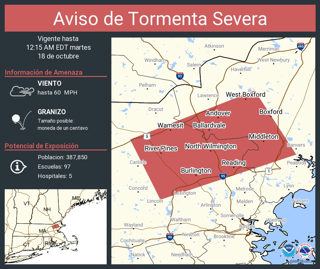 Aviso de Tormenta Severa incluye Reading MA, Burlington MA, Wilmington MA hasta las 12:15 AM EDT