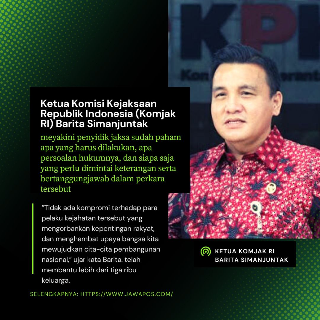Kejagung Periksa Veri Anggrijono

Ketua Komisi Kejaksaan RI, Barita Simanjuntak yakin Penyidik Jaksa paham apa yang harus dilakukan, apa persoalan hukumnya, dan siapa saja yang dimintai keterangan serta bertanggungjawab dalam  kasus korupsi baja
<a href="/KejaksaanRI/">Kejaksaan RI</a>

#SaveBajaIndonesia