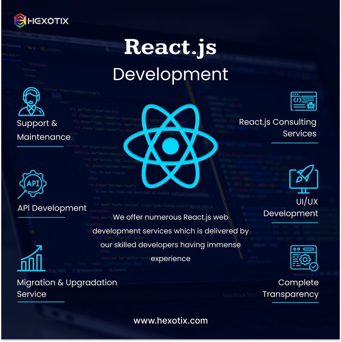 Hexotix delivers stable and scalable react js solutions with dynamic user interfaces that combine robust functionality and supreme visuals.

#hexotix #react #reactjsdeveloper #reactdev #javascript #react.js #currentopenings #currentlyhiring #jobvacancy #itandsoftware #wearehiring