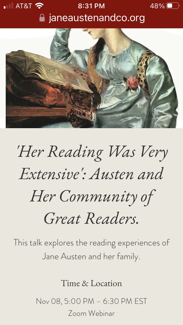 Just opened! Registration for Jane Austen &amp; Co.’s new webinar series of fascinating speakers on what Austen read.  More details at janeaustenandco.org