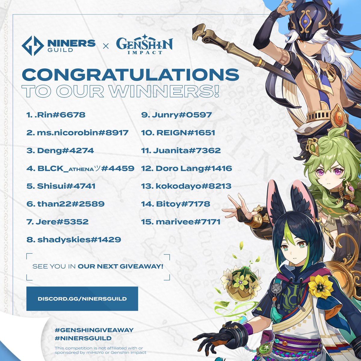 NinersGuild's tweet photo. Congratulations to the 15 winners of ₱200!🎉 We'll reach out to you soon so that you can claim your prize via GCash, so please be on the lookout 👀

Thank you for participating and stick around in our server for future community puzzle events! 🧩🔶

#genshingiveaway #genshintwt https://t.co/y5mms0JAZh