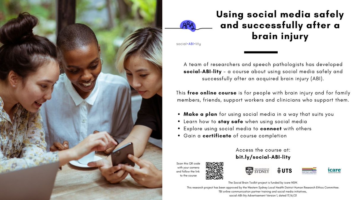 NEW resource funded by @icareNSW and developed in collaboration with @BrainInjuryAus for people with a #TBI or #ABI – social-ABI-lity is our free online course about using social media safely and successfully after a brain injury. Sign up at bit.ly/social-ABI-lity