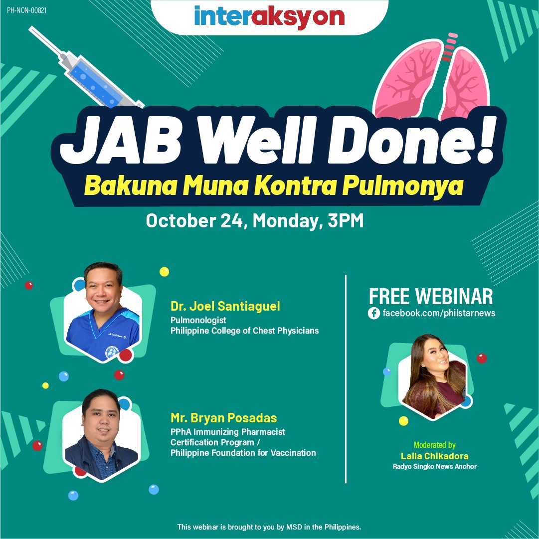 interaksyon's tweet photo. YOU ARE INVITED!

Interaksyon invites you to tune in to the upcoming webinar "Jab Well Done!" Bakuna Muna Kontra Pulmonya happening this Monday, October 24, 2022!

This free webinar is brought to you by MSD in the Philippines and Interaksyon. 

See you there! https://t.co/EGAturgiqR
