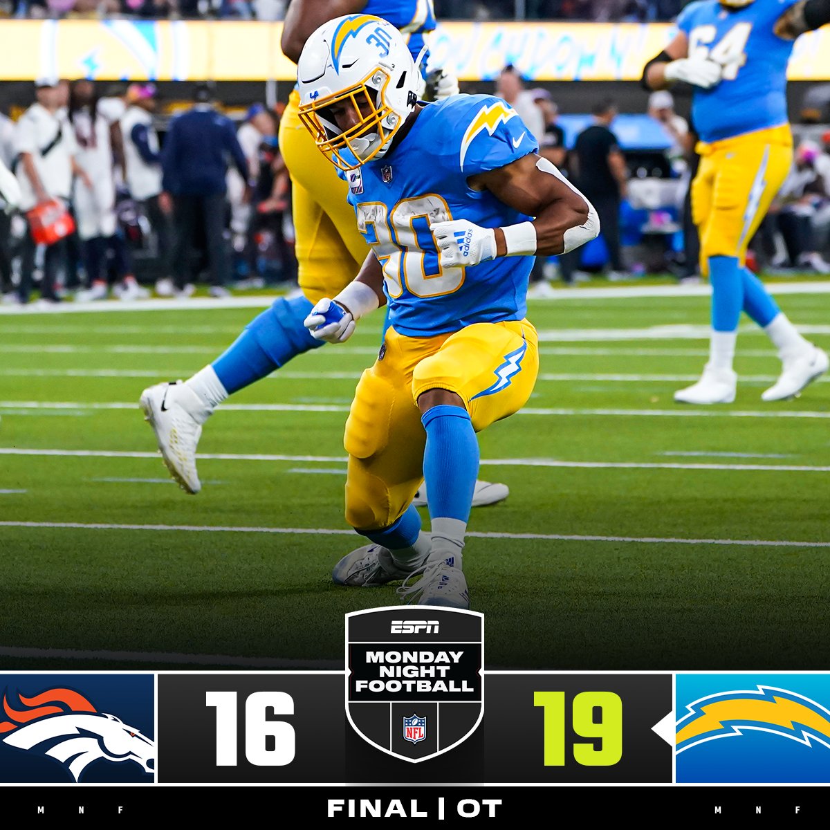 NFL's tweet photo. FINAL: The @chargers win it in OT. #DENvsLAC https://t.co/XSuU5MP10j