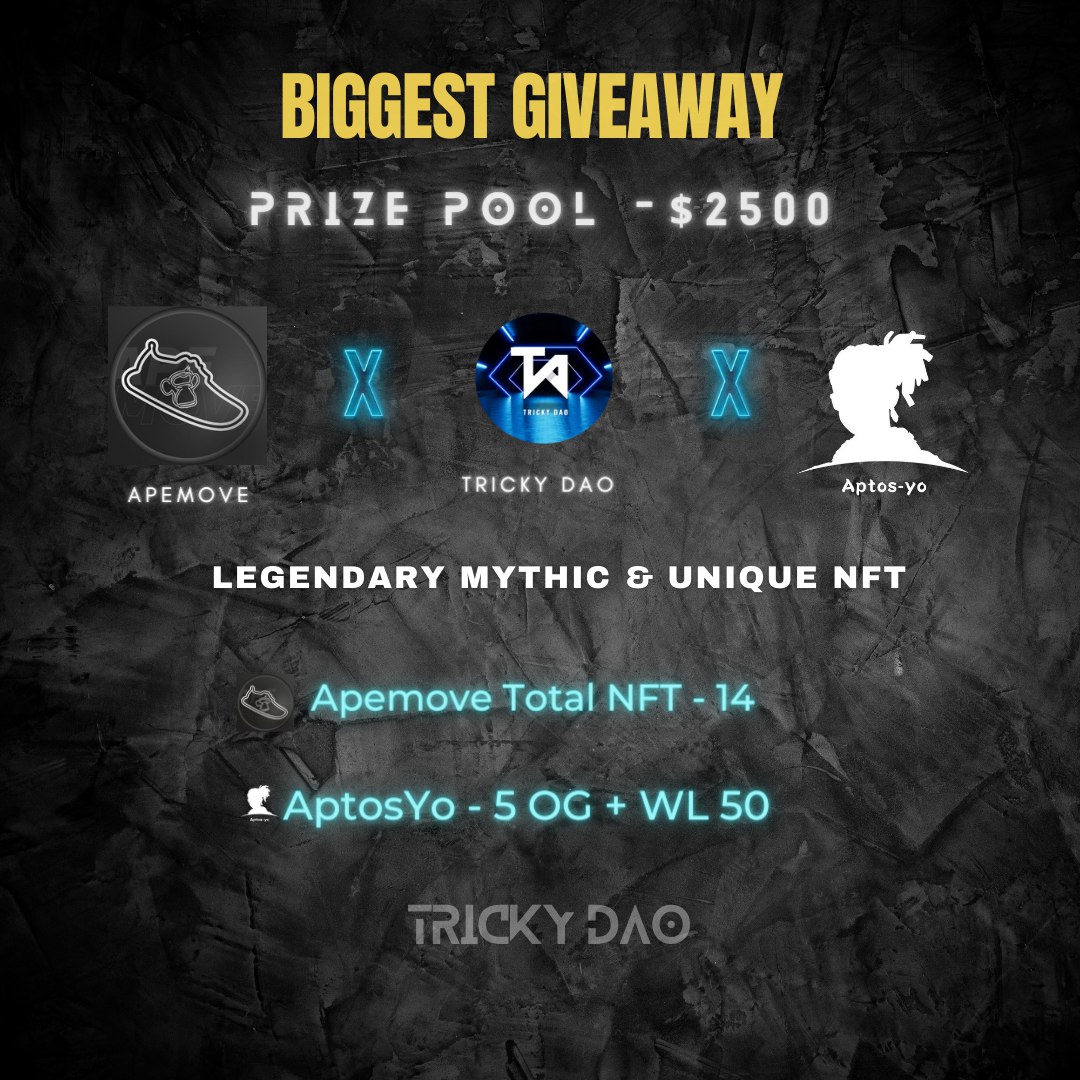 #Massive #Giveaway!
🔷Top Inviter get top reward!

🔘 Total Prize Pool : 14 NFT Worth of 2500$+ &amp; 50 APTOS WL, 5 OG Giveaway!

To Enter ⤵️
1️⃣ Follow @trickyboy555  
2️⃣ RT 💗  &amp; @ 3 Friends &amp;
3️⃣ JOIN GIVELAB : giv.gg/ckesJC 

#MetaVerse #NFT #lagendry #MoveToEarn #Aptos