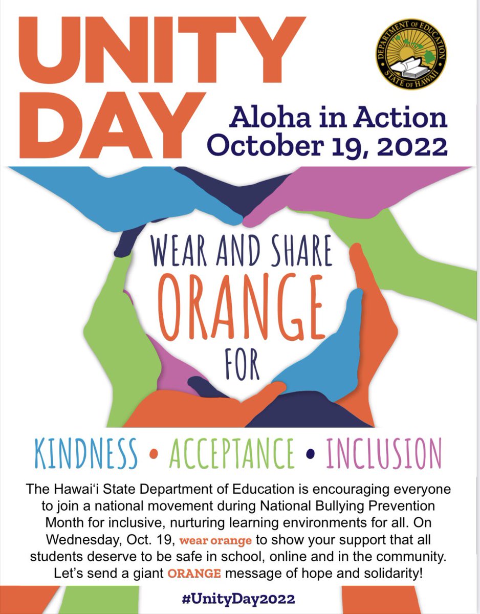 KapoleiElem's tweet photo. Wear ORANGE on Wednesday for UNITY Day 🧡🧡🧡 to show solidarity that all students deserve to be safe. Wear orange to show that together we are united for kindness, acceptance, inclusion &amp; aloha! 🧡#UnityDay2022 #HI4PublicEd #ChooseAloha #BullyingPreventionMonth⁠ #wearekapolei https://t.co/QglJ7OSE0Y