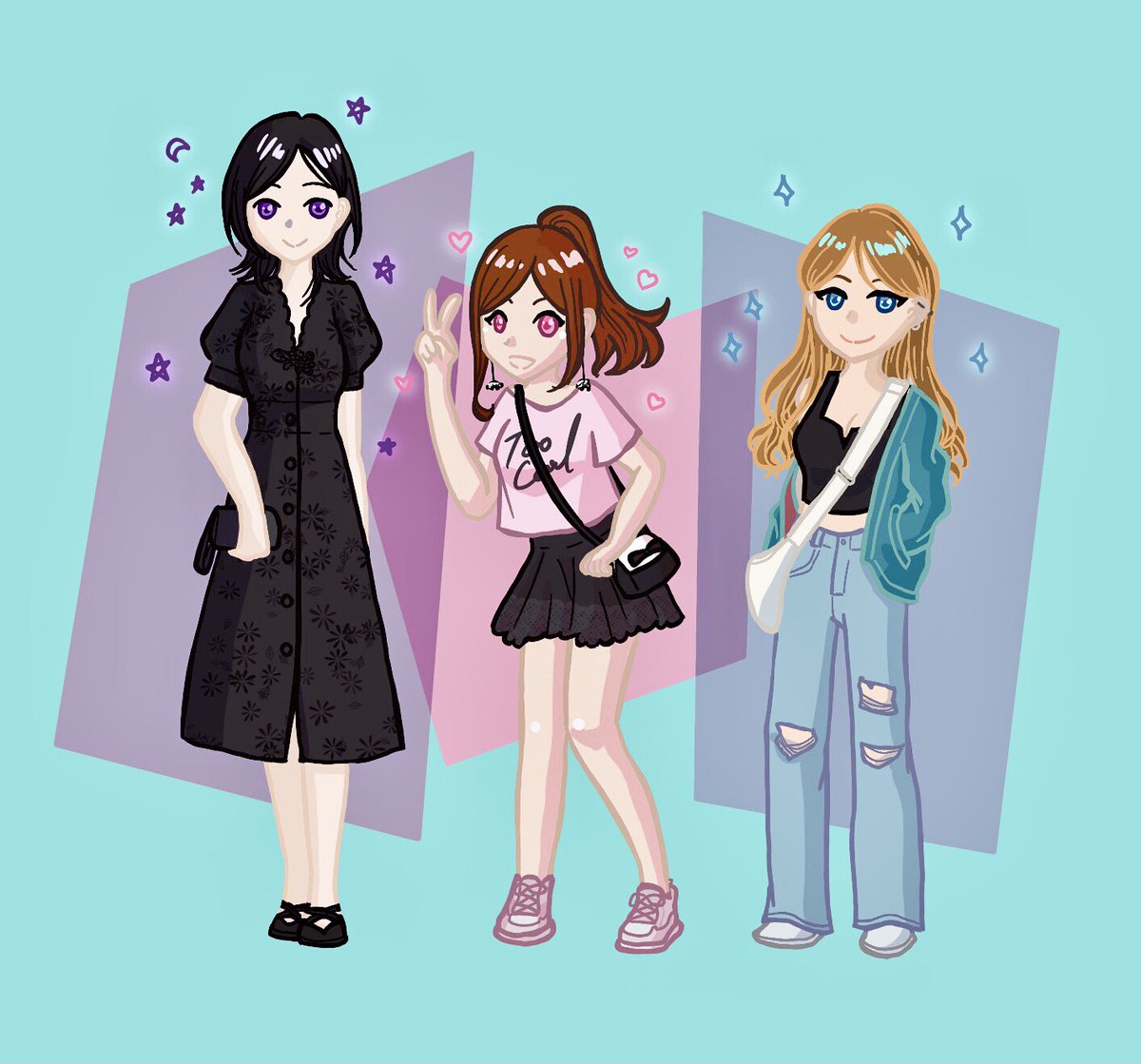 jamyuyu's tweet photo. get urself a friend group who look like they’d transform into different magical girl colours 💜💖💙 #ootd https://t.co/udUFPK8EdB