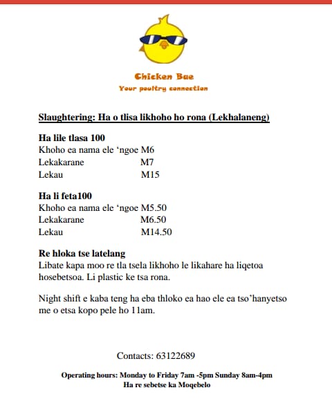 BusinessWorldLS's tweet image. U hloka hohlabeloa tsa nama le makakarane? Chicken Bae   e teng ho u thusa ka makhethe. Khoho ea nama ke M6 lekakarane M7. 50541760/68754332/ 51987710
Ba fumaneha lekhalaneng

#basothopele
#fightingpoverty