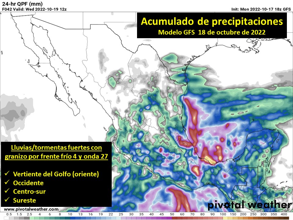 InfoMeteoro's tweet photo. ⚠️IMPORTANTE: este martes el #FrenteFrío4, masa polar y onda tropical 27 ocasionarán en #México:

⛈️Lluvias/tormentas fuertes en estados del occidente, centro, sur, oriente, sureste y parte del noreste
🌬️NORTE de 60-90 km/h, intensificándose
🥶Descenso gradual de temperaturas https://t.co/nlx75v1o5G