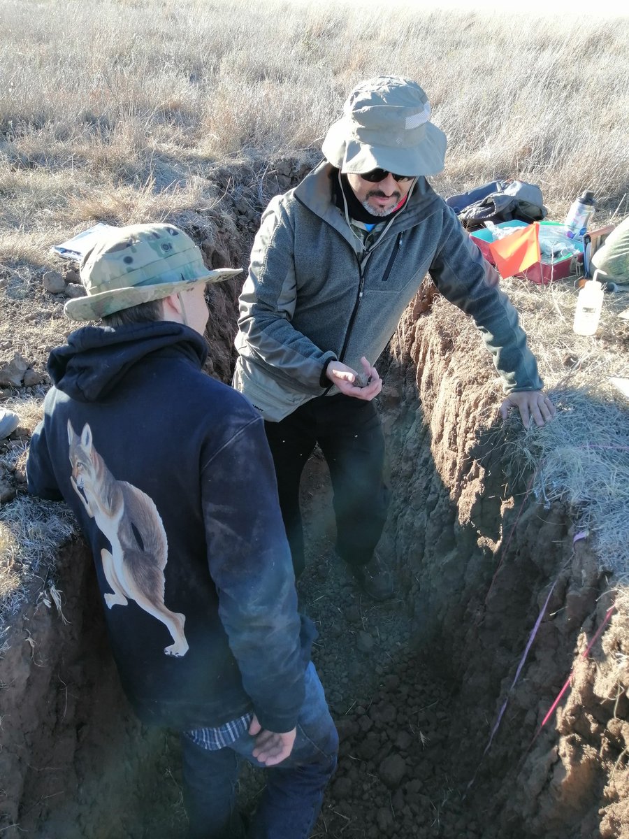 aleatenasn's tweet photo. Pretty cool soils today in the soil pits at Woodward, OK. Doing some practice for the #soiljudging contest with Dr. @feaburto @KhadkaDeepaa and the #aggiesoils team from @TAMU https://t.co/VPgM57rWNE