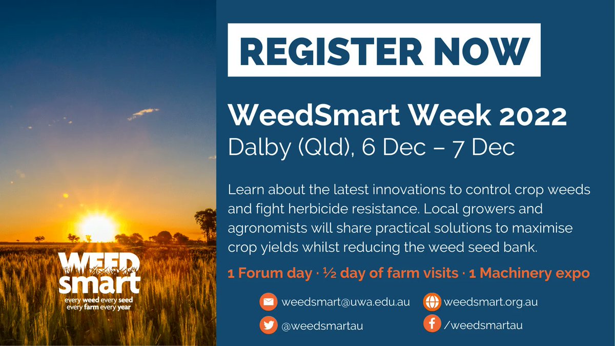 Be sure to get your ticket 🎟 for WeedSmart Week Dalby! 

This event will be Dec 6 - 7 at the Dalby Showgrounds, with farm visits in surrounding areas 🌱

Learn more about it and book your ticket before Oct 23 to get early bird 🐥 pricing ➡️ buff.ly/3RVmlge