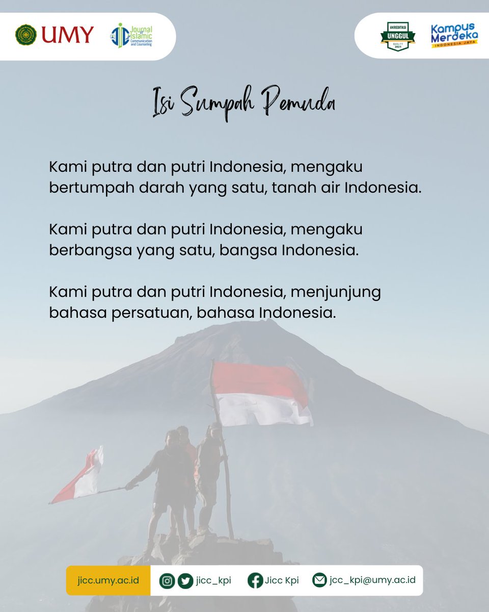 JiccKpi's tweet photo. Selamat memperingati Hari Sumpah Pemuda, 28 Oktober 2022✨

#jurnal #KPI #International #mahasiswa #UMYogya #sumpahpemuda https://t.co/qr6cXIQgrB