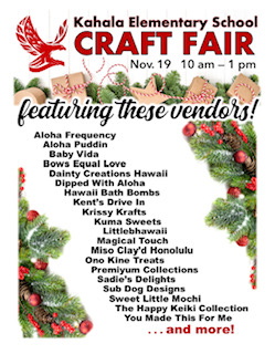 KahalaElem's tweet photo. Join Kahala Elementary for the 2022 CRAFT FAIR on November 19 from 10 am- 1pm! Many vendors will be joining for an amazing time! https://t.co/ISzFK9LXqO