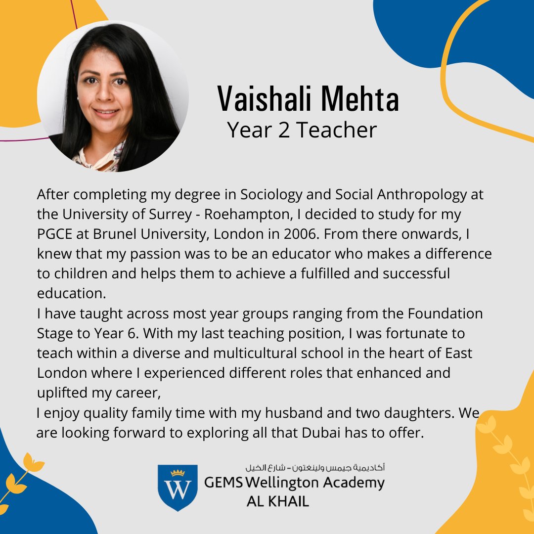 gems_khail's tweet photo. WEK is fortunate to have experienced teacher Vaishali Mehta as part of our wonderful Year 2 team. Welcome to the WEK community Vaishali!

#newteacher #WelcometoWEK #TeamWEK #ouracademy @GEMS_ME https://t.co/YlxpgmASM5