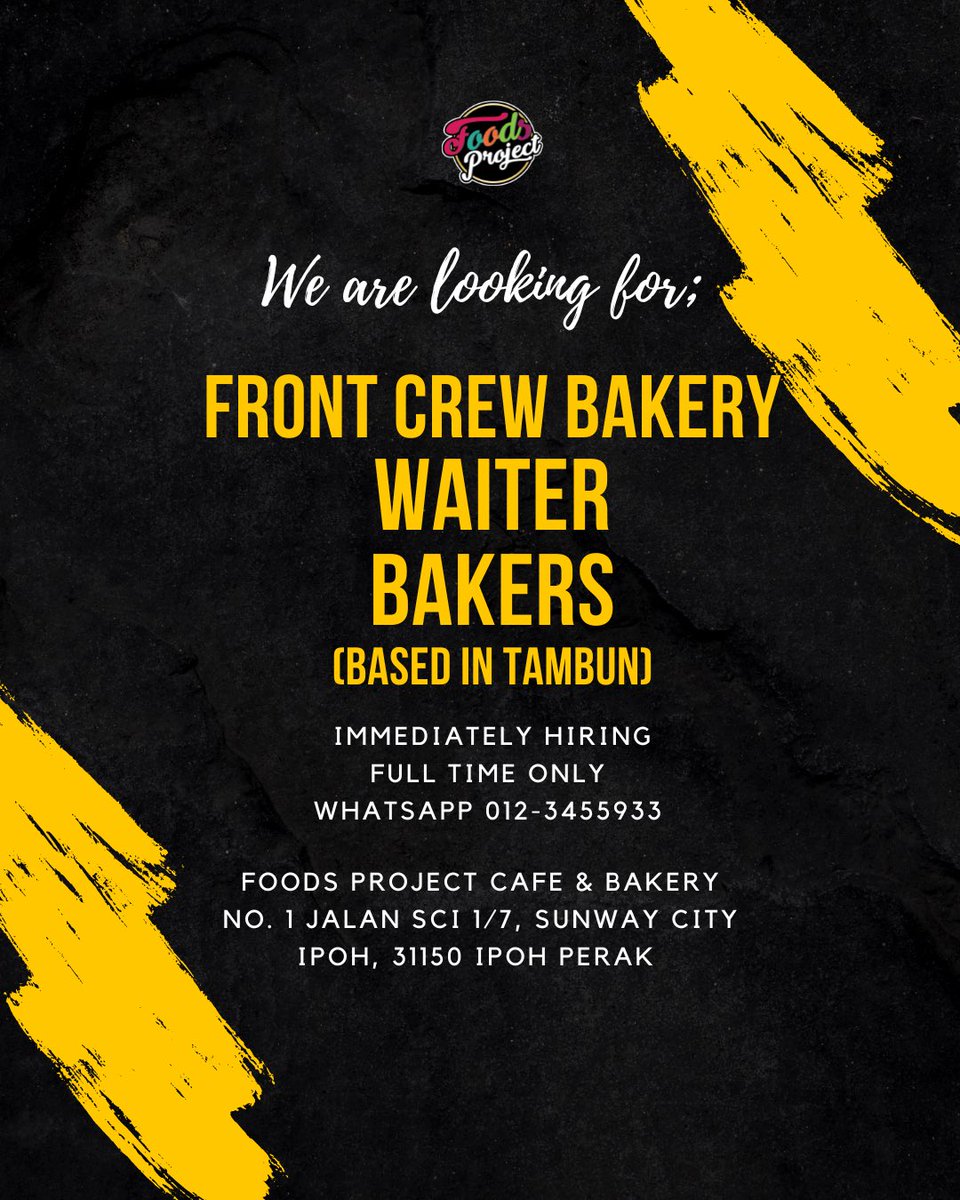 foodsproject's tweet photo. KERJA KOSONG IPOH.
Pengambilan segera.
📍Foods Project Cafe &amp; Bakery
Kalau berminat boleh hantar resume ke whatsapp kami.

📲https://t.co/pYSkLDD6vi
Mohon RT @MohKeIpoh @IpohAjer @iloveyouIPOH @viralperak https://t.co/BMz0i8u4zU