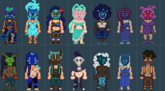 Behind3Mask's tweet photo. FInal designs Tribal is coming along who would you romance? #tribal #indiegame #gamedev #farmingsim https://t.co/x9RuKbS1KE