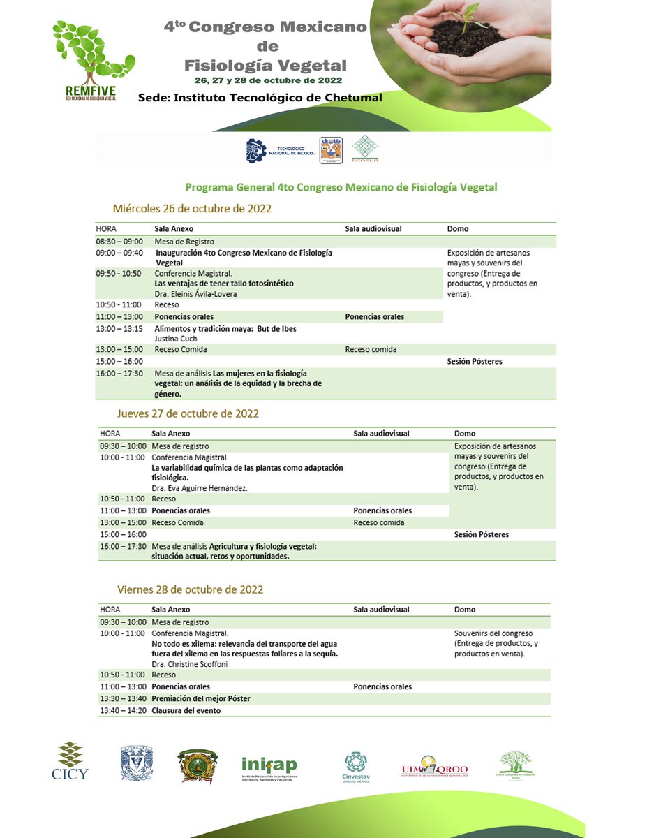 REMFIVEoficial's tweet photo. Compartimos el programa general de actividades 
📋Programa de actividades, ponencias y pósters
https://t.co/uDrB83TfxE
4to Congreso Mexicano de Fisiología Vegetal
📅26, 27 y 28 de octubre de 2022.
🇲🇽 En Instituto Tecnológico de Chetumal , Quintana Roo. https://t.co/2OZTOadLbS