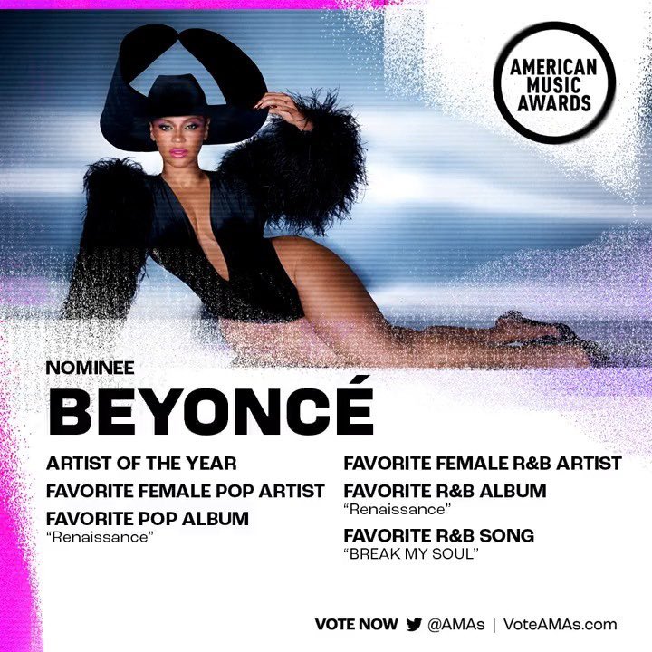 beyzhive's tweet image. 🚨🐝⬢⬡ | AMAs Update

Artist of the Year – 4 Days

1.@Beyonce (58.05K) +11.36K [Leading only by 470 Votes]

I’m voting for Beyoncé for Artist of the Year #AMAs 

We need to INCREASE the GAP, RETWEET will count as a valid vote by you. VOTE NOW by replying up-to 22 times🗳️