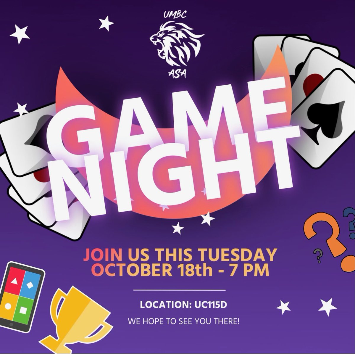 UMBCASA's tweet photo. Hey ASA Fam!
GBM #2 is this Tuesday and it is GAME NIGHT! We will be
playing a series of games and there will be food and drinks
provided. It will be fun and good vibes guaranteed!
So pull up tomorrow at UC115D and be ready to win 🔥or lose🤕
at your favorite games. https://t.co/4NUP675uqd