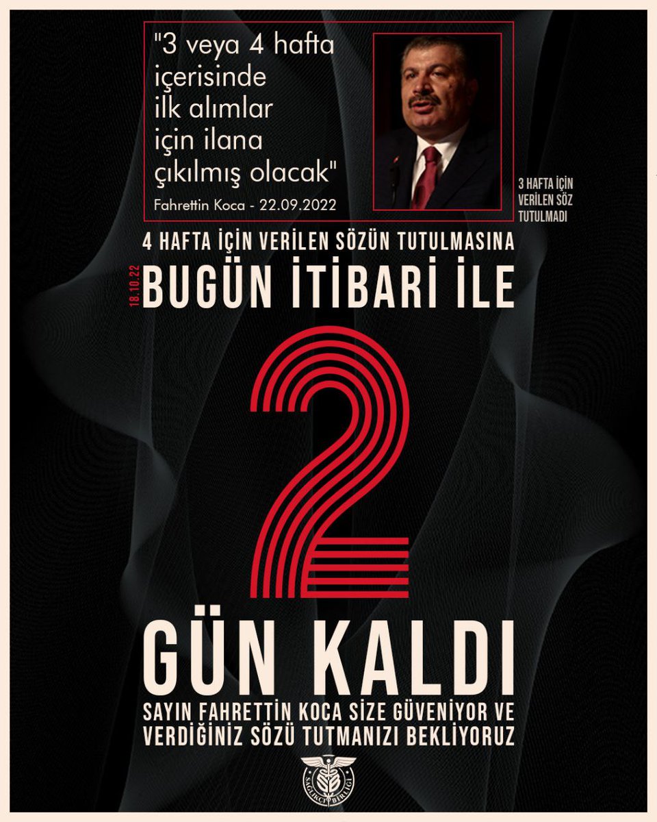 3 hafta sözünü tutmayan Bakanımız yine formunda. 
4 hafta sözünün bitmesine de 2 gün kaldı. 
Bugüne kadar atama bekleyen sağlıkçılara süreci zindan etme konusunda çok başarılı oldunuz. İnsanlar kahroldu. 
Psikolojilerinden oldu.
Çok yazık ediyorsunuz.
<a href="/drfahrettinkoca/">Dr. Fahrettin Koca</a>