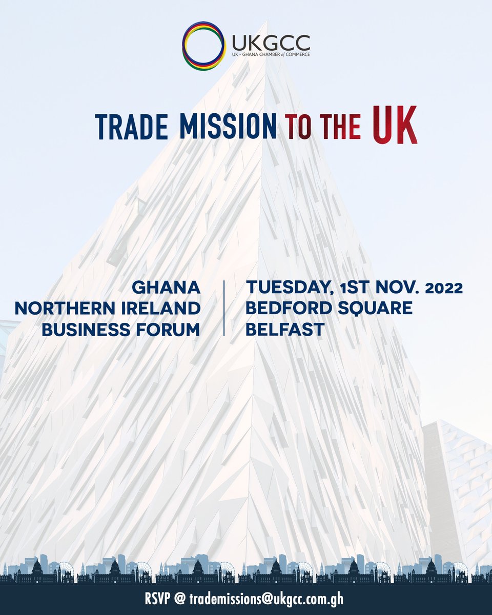 UKGCC_ACCRA's tweet photo. Join us for our trade mission to Northern Ireland! Businesses with interests in #greengrowth and #renewables; #financialservicestechnology; #agrifood; #manufacturing; #engineering; material handling; and #eductech may participate. Tap https://t.co/UVQDmPEji3 to learn more! https://t.co/W56yQloe4O