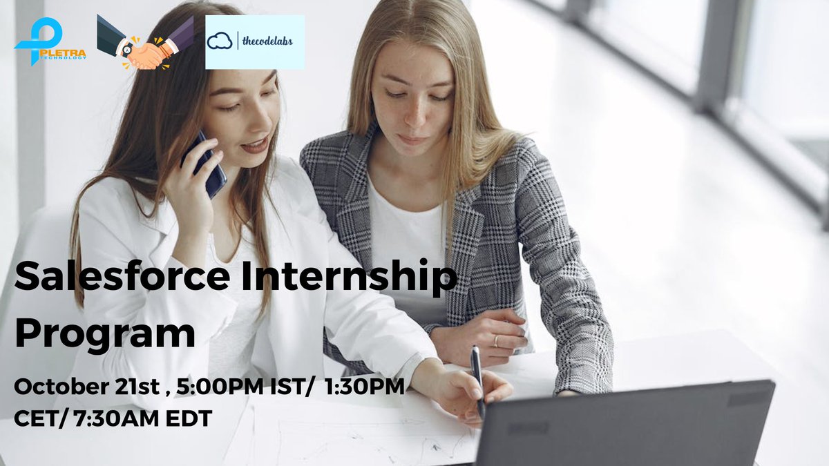 Pletratech1's tweet image. PletraTech proud to collaborate with theCodeLabs to launch an internship program for energetic and talented candidates (2020 pass out onwards Candidates) in partnership with theCodeLabs.

Register here to attend this session bit.ly/3dPk8Vw

#pletra #sfdctraining