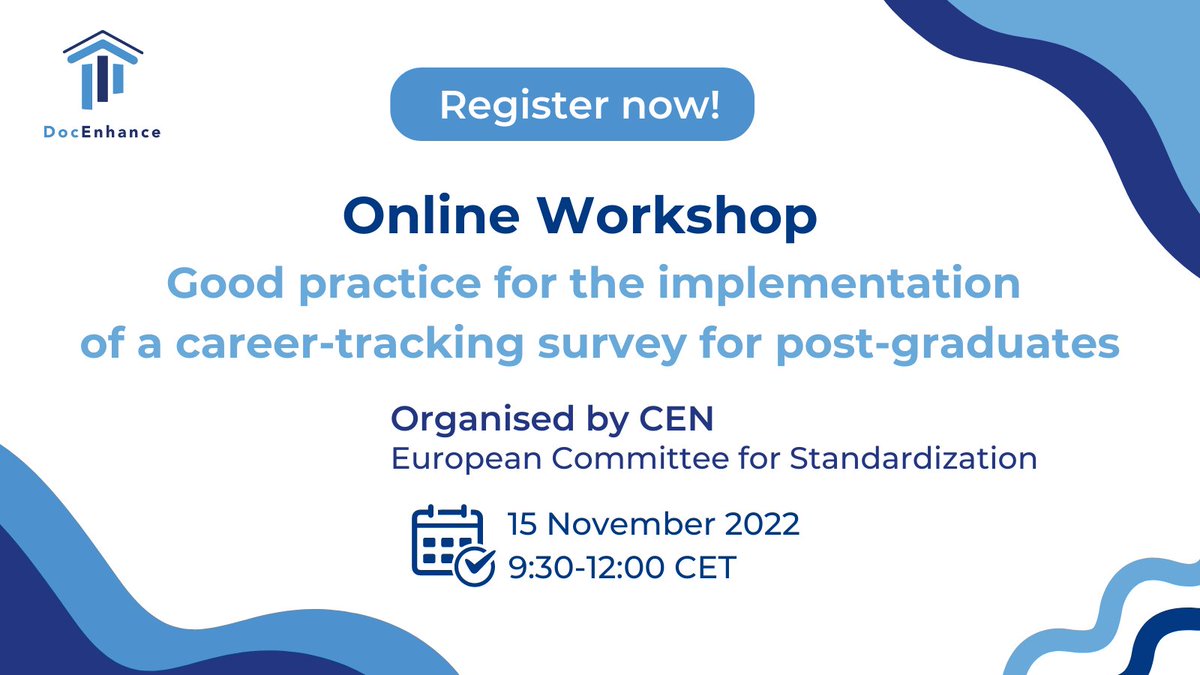 DocEnhance's tweet photo. 🗓️#SaveTheDate and join this #CEN’s workshop about creating guidelines for the  implementation of successful #CareerTracking surveys of #PhD holders 🎓

💻15 November 2022
⌛️  9:30-12:00 CET

Register here ➡️https://t.co/y6LcmUBSKW

#EUstandards #CWA #GraduateTracking https://t.co/wStCXAZNsf
