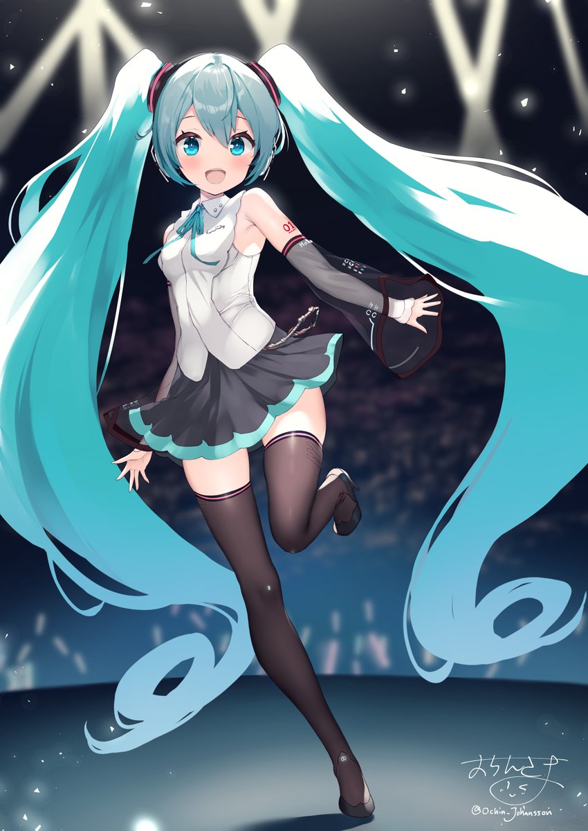 hatsune miku 1girl solo thighhighs twintails skirt long hair detached sleeves  illustration images